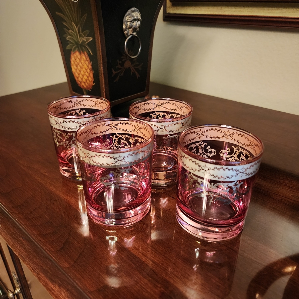 Vtg Moser Style Bohemian Czech Pink/Cramberry Cocktail Drinking Glasses Set of 4